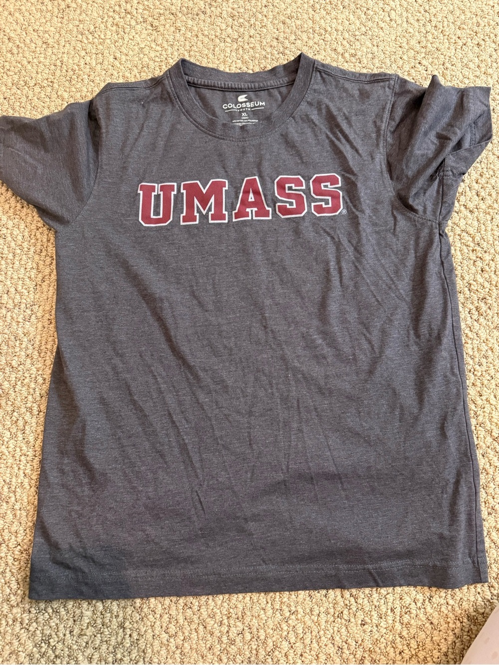 Colosseum Charcoal Tee with Maroon UMASS Lettering